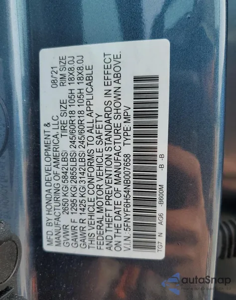 2022 Honda Pilot Exl z USA, uszkodzony, nr VIN 5FNYF6H54NB007658